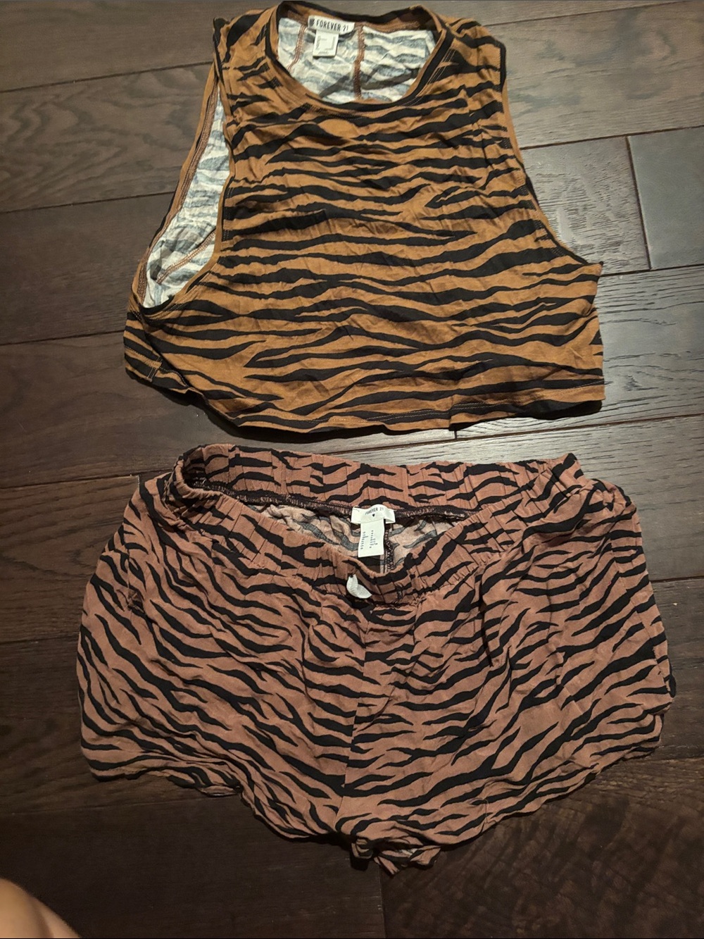 Forever 21 Tiger Stripe Crop Tank & Matching Mini Shorts - Brown/Black